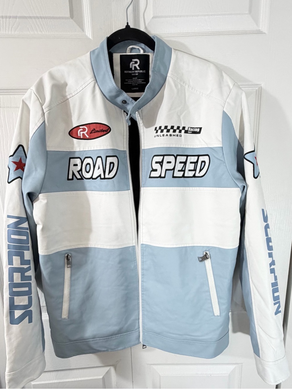 Refinery Republic Road Speed Faux Leather Racing Jacket Blue White Men’s Large